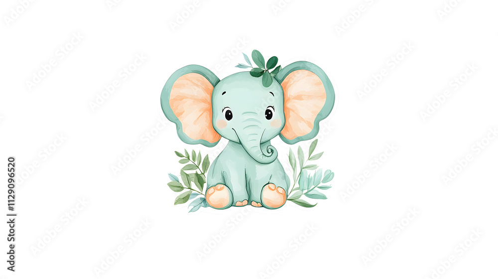 Naklejka premium Cute baby elephant with big ears and joyful expression surrounded by leaves