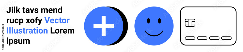 Two blue circle icons, one with a white cross and one with a smiling face, next to a simplistic credit card outline in black. Ideal for finance, healthcare, user experience, web design, e-commerce Two blue circle icons, one with a white cross and one with a smiling face, next to a simplistic credit card outline in black. Ideal for finance, healthcare, user experience, web design, e-commerce