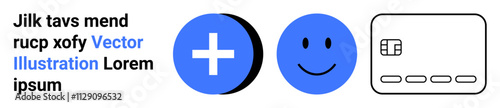 Two blue circle icons, one with a white cross and one with a smiling face, next to a simplistic credit card outline in black. Ideal for finance, healthcare, user experience, web design, e-commerce