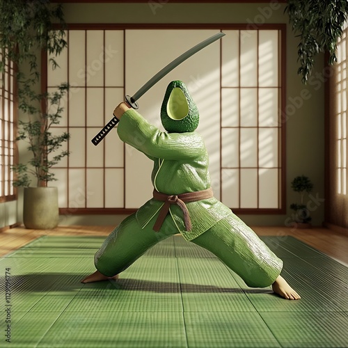 Disciplined Samurai Warrior Practicing Martial Arts in Traditional Japanese Dojo