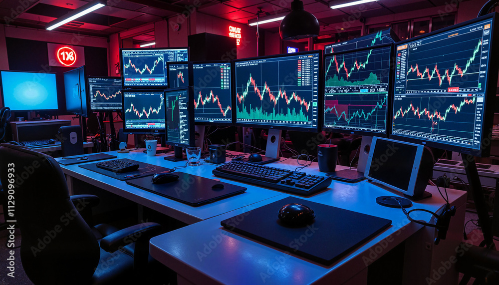Stock trading setup with multiple monitors displaying financial charts in modern office
Stock trading setup with multiple monitors displaying financial charts in modern office