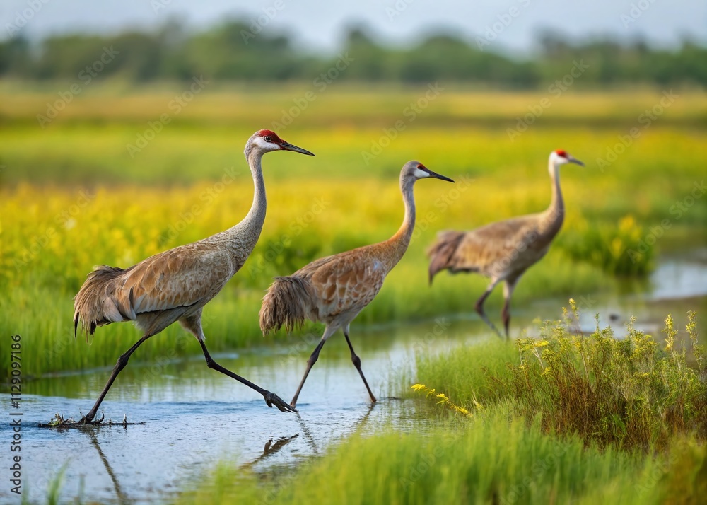 Obraz premium Sandhill Cranes in a Lush Wet Meadow: Captivating Tilt-Shift Photography of Grus canadensis for Nature Lovers in Galveston, Texas, USA