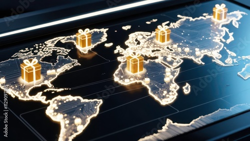 Global Christmas Gift Logistics. Illuminated digital world map showcasing global logistics for Christmas gift delivery with glowing connections and festive parcels.