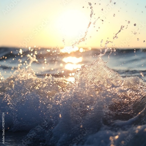 Dramatic Sunset Ocean Wave Splash with Shimmering Light Reflection