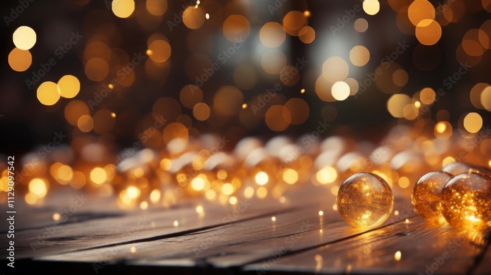 A wooden table with a bunch of gold balls on it A wooden table with a bunch of gold balls on it