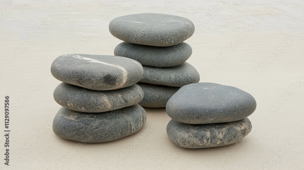 Stacking Smooth Granite River Rocks in a Minimalist Formation on a Sandy Surface for a Calming Zen Experience Stacking Smooth Granite River Rocks in a Minimalist Formation on a Sandy Surface for a Calming Zen Experience