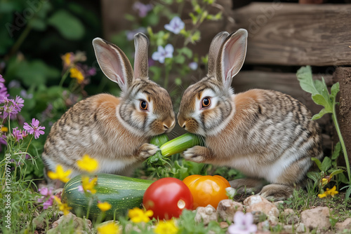 Two rabbits enjoying vegetables in a colorful garden setting