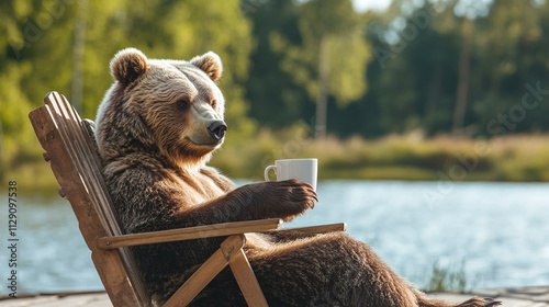 Funny brown bear animal resting and relaxing, drinking coffee from the white cup or mug on the wooden deck, he is sitting on a wooden chair near the lake water, outdoors enjoyment for animal, sunny.