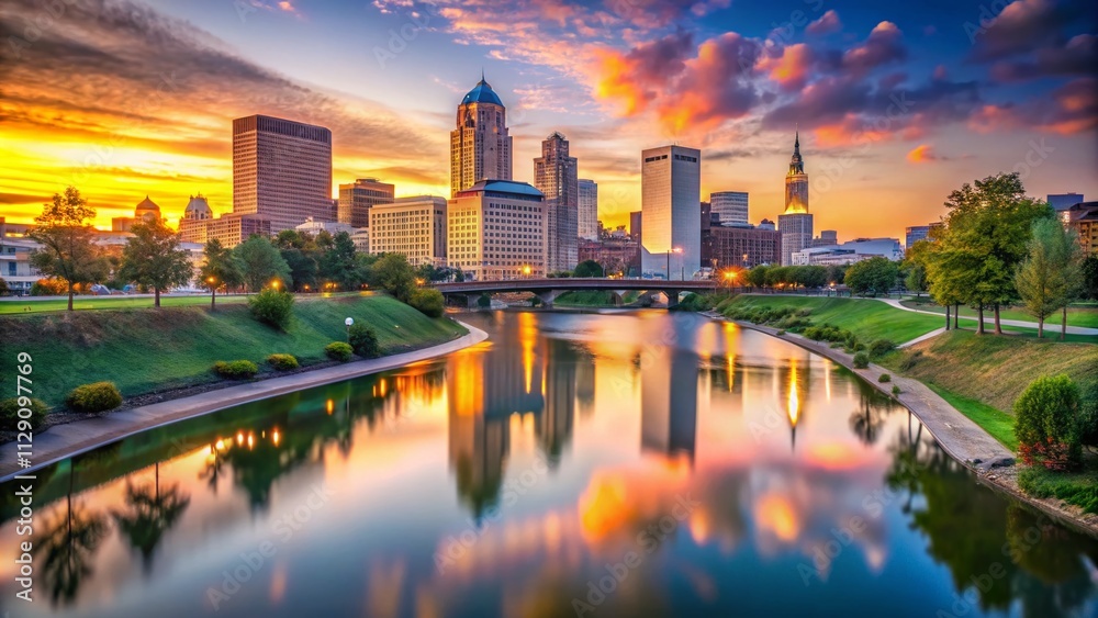 Obraz premium Scenic Bokeh Effect of the Scioto River with Columbus Ohio Skyline at John W. Galbreath Bicentennial Park During Sunset, Capturing Nature and Urban Beauty