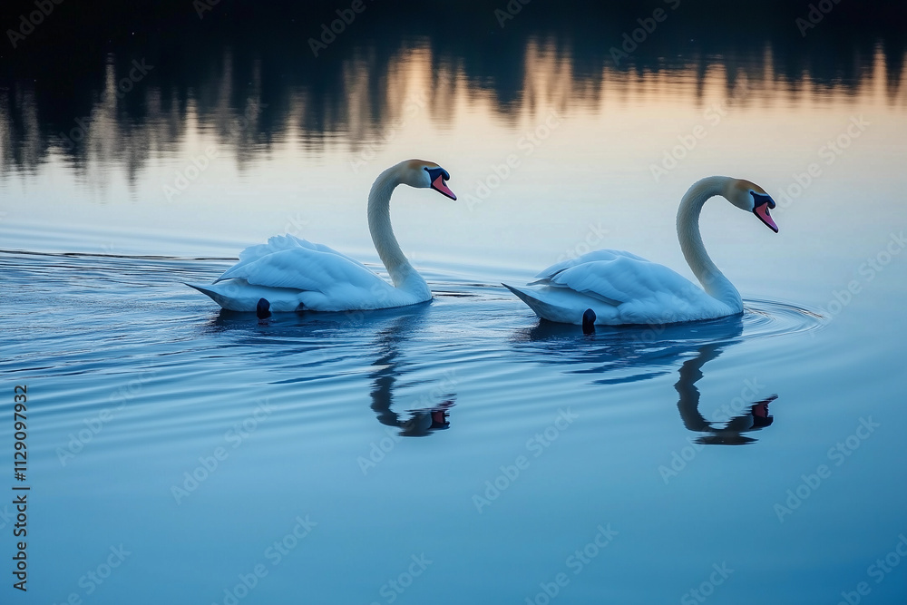 Fototapeta premium Swans glide gracefully across a serene lake at dawn, creating tranquil reflections