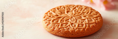 Intricate floral-patterned cookie on soft pink background photo