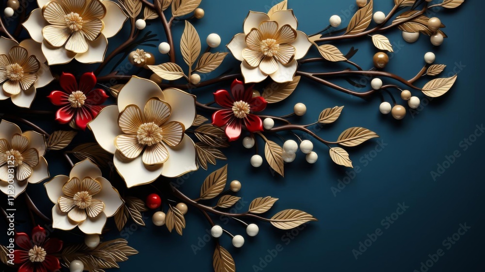 A beautiful bouquet of flowers with gold accents and red accents A beautiful bouquet of flowers with gold accents and red accents