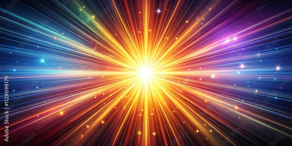 Fototapeta premium A radiant burst of golden light radiates outwards, illuminating the dark background with streaks of vibrant color and sparkling particles.