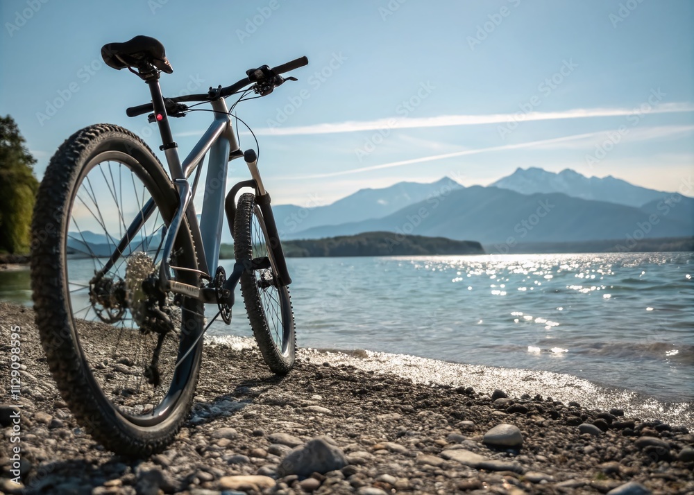 Fototapeta premium Scenic Product Photography of a Bike Parked on a Pebble Beach by Lake Starnberg in Bavaria, Germany with Majestic Mountains in the Background for Outdoor Enthusiasts