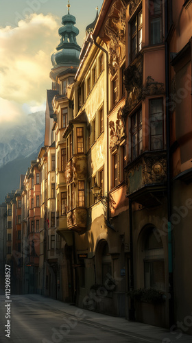 A view of an old town street in Innsbruck, Austria. 