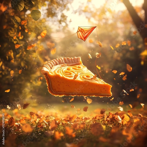 Enchanted Autumn Leaf Pastry Floating in Magical Forest Scene