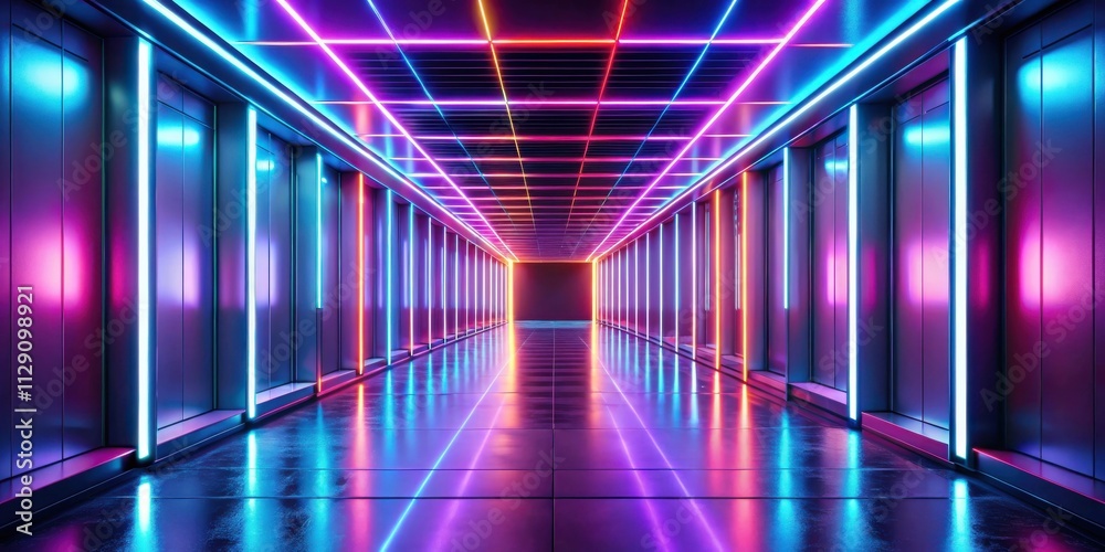 A futuristic corridor with vibrant neon lights reflecting on the glossy floor A futuristic corridor with vibrant neon lights reflecting on the glossy floor