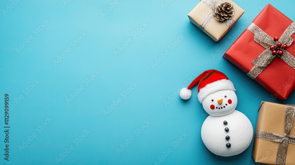 christmas tradition Santa Colorful Christmas gifts with a snowman on a blue background. christmas tradition Santa Colorful Christmas gifts with a snowman on a blue background.