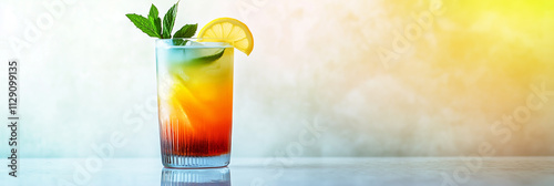Refreshing rainbow cocktail with citrus and mint in a glass on a sunlit table