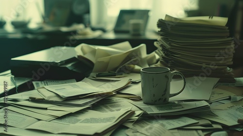 Messy Desk Overwhelmed Paperwork Coffee Cup Office Chaos Stress Deadline Busy Work Documents Files
