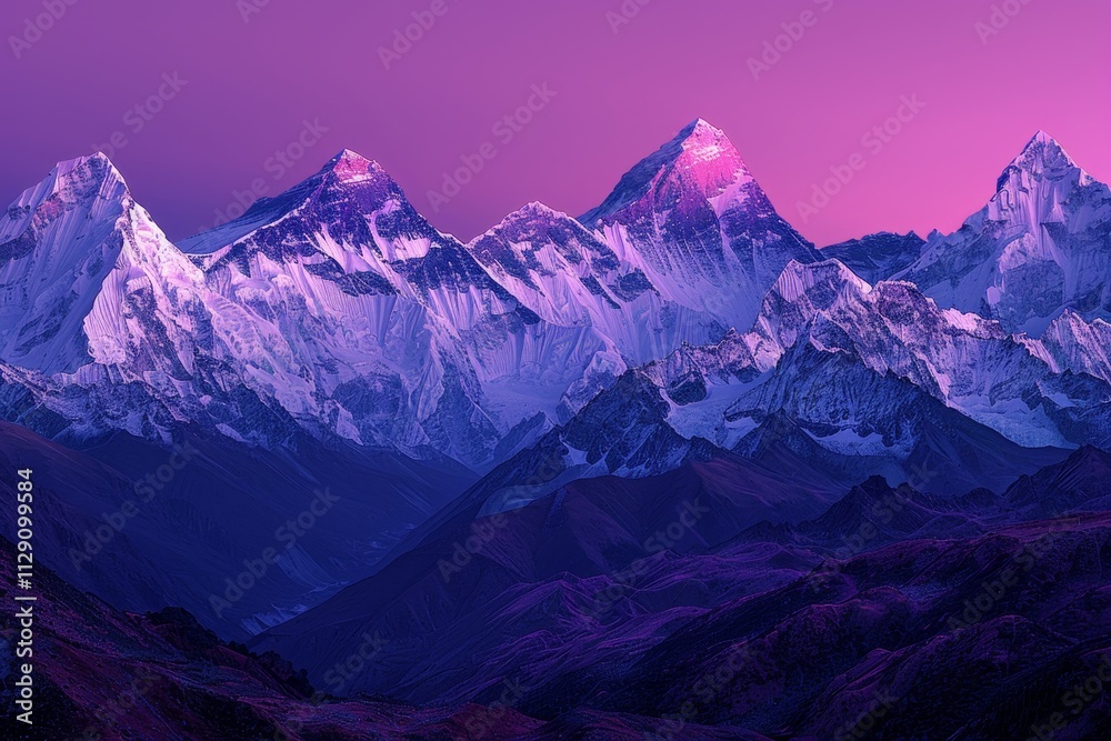 Stunning panoramic view of ama dablam summit and snow capped peaks in nepal after sunset Stunning panoramic view of ama dablam summit and snow capped peaks in nepal after sunset