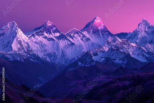 Stunning panoramic view of ama dablam summit and snow capped peaks in nepal after sunset