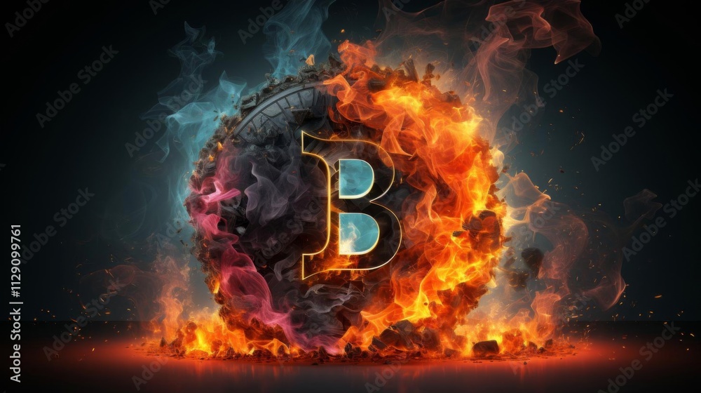 Fototapeta premium A fire-breathing B is displayed on a black background