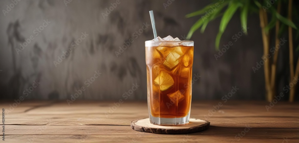 Tall glass of iced tea, on rustic bamboo surface, calm, summer Tall glass of iced tea, on rustic bamboo surface, calm, summer