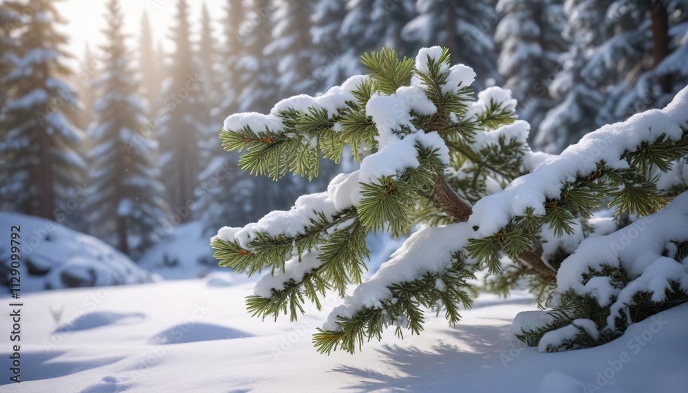 The delicate branches of a spruce tree emerge from the blanket of pristine snow, snowy terrain, forest trees, frozen landscape The delicate branches of a spruce tree emerge from the blanket of pristine snow, snowy terrain, forest trees, frozen landscape