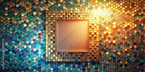 A golden frame with a blank canvas set against a shimmering background of hexagon tiles in vibrant colors. photo