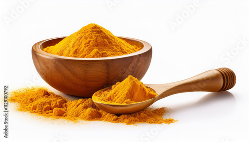 Turmeric powder in wooden bowl and turmeric root isolated on white background photo