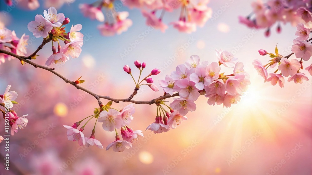 Delicate pink blossoms in full bloom against a soft, pastel sunset sky, capturing the essence of spring's arrival. Delicate pink blossoms in full bloom against a soft, pastel sunset sky, capturing the essence of spring's arrival.