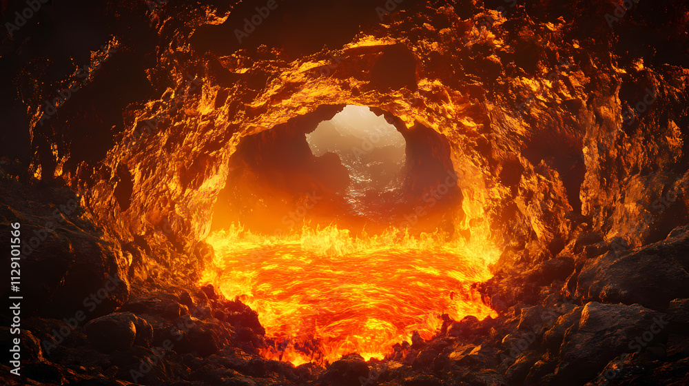 Game background with lava cave. fantasy hell landscape with fire magma and rock inside dungeon hole. devil tunnel and river of molten lava. scary underground inferno world. Magma. Illustration Game background with lava cave. fantasy hell landscape with fire magma and rock inside dungeon hole. devil tunnel and river of molten lava. scary underground inferno world. Magma. Illustration