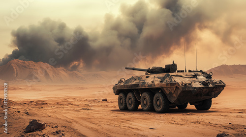 Abandoned armored vehicle amidst Yemen's desert sandstorms, surrounded by distant smoke and debris, evoking a desolate war zone atmosphere, photorealistic realism. photo