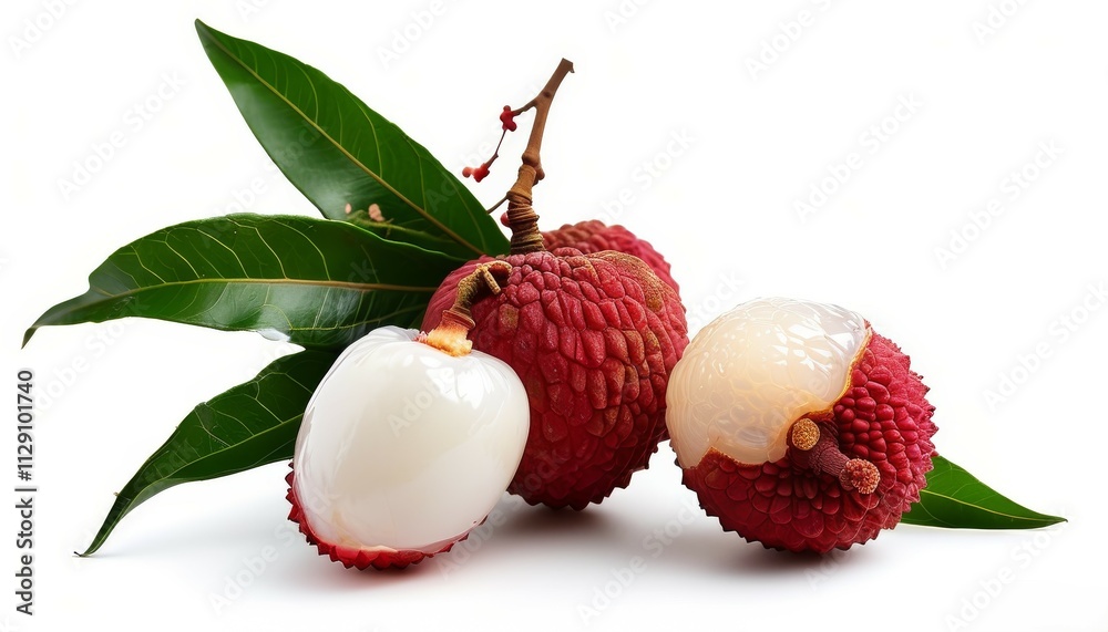 lychee fruit with leaves lying side by side in a pile, with peeled fruit, where the white part of it is visible, on a white background lychee fruit with leaves lying side by side in a pile, with peeled fruit, where the white part of it is visible, on a white background