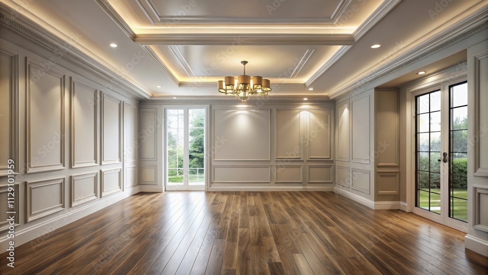 Empty room with ornate wall paneling, a chandelier, and large windows leading to a garden. Empty room with ornate wall paneling, a chandelier, and large windows leading to a garden.