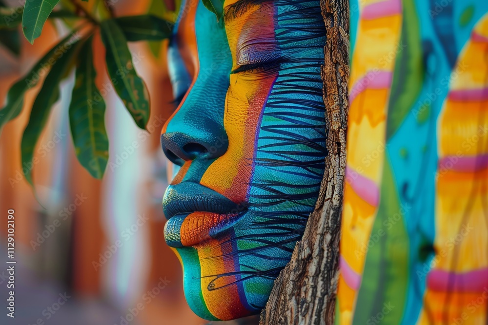 Fototapeta premium Vibrant abstract portrait of a human face on textured wood bark with bold brush strokes