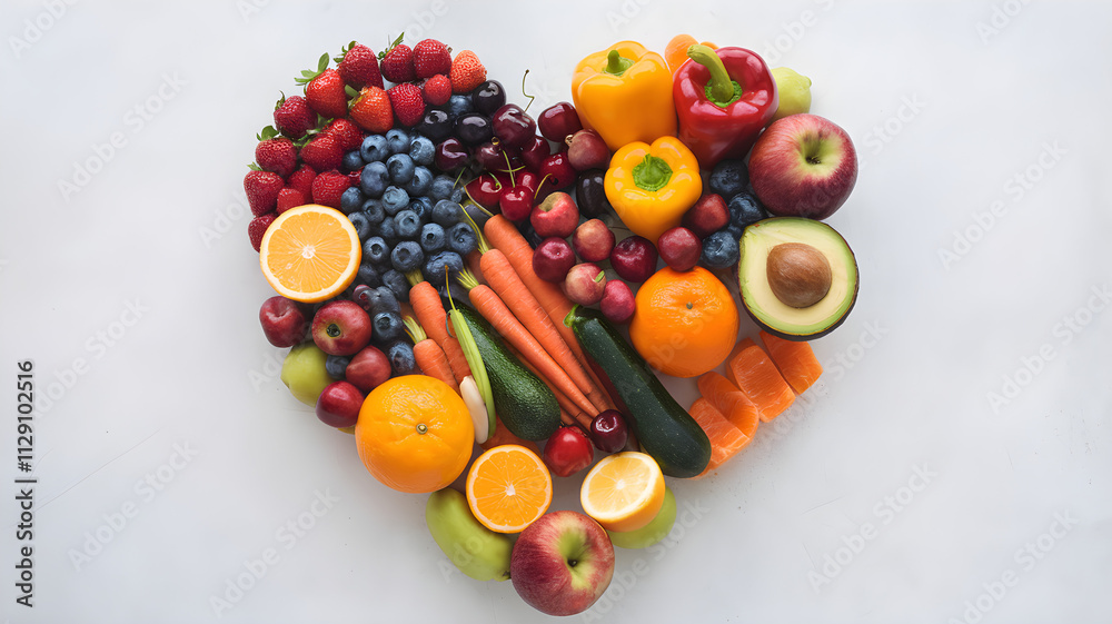 Heart made of fruits and vegetables on textured background.
