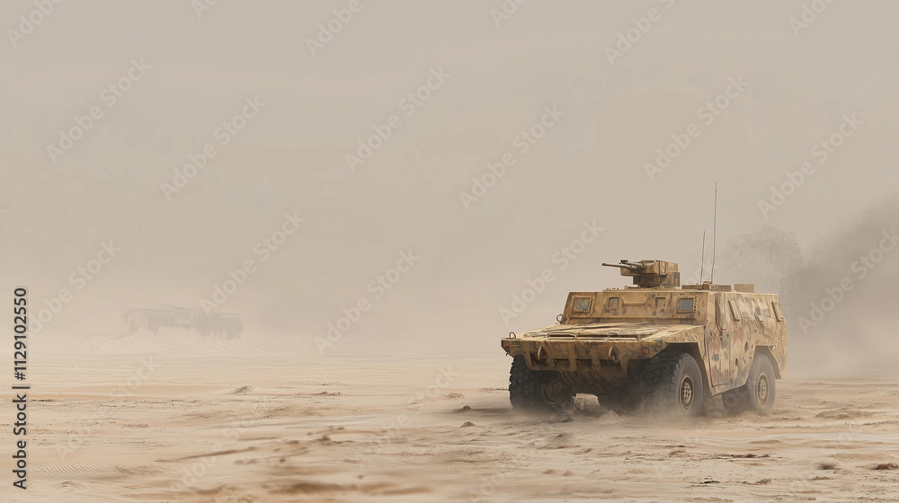 Abandoned armored vehicle amidst Yemen's desert sandstorms, surrounded by distant smoke and debris, evoking a desolate war zone atmosphere, photorealistic realism. Abandoned armored vehicle amidst Yemen's desert sandstorms, surrounded by distant smoke and debris, evoking a desolate war zone atmosphere, photorealistic realism.