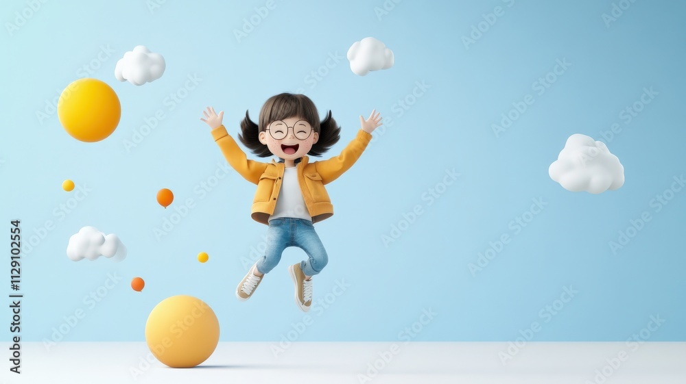 Fototapeta premium people 3D expressions realistic concept. Happy child jumping amidst colorful clouds and balls in a bright setting.