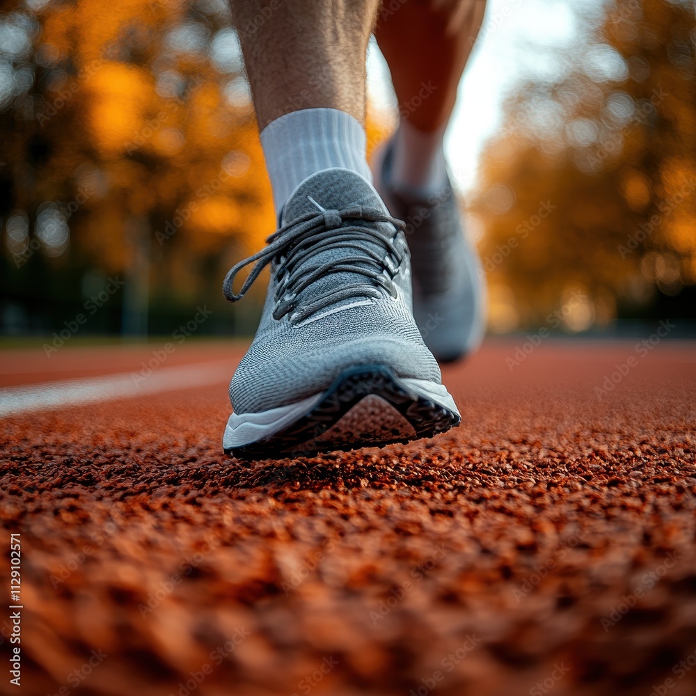 Close-up of an athlete's feet on a running track, ready for a sprint Close-up of an athlete's feet on a running track, ready for a sprint