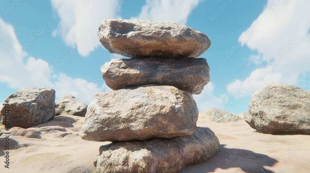 A collection of meticulously stacked stones rests on warm sandy terrain with a vibrant sky and distant rocks A collection of meticulously stacked stones rests on warm sandy terrain with a vibrant sky and distant rocks