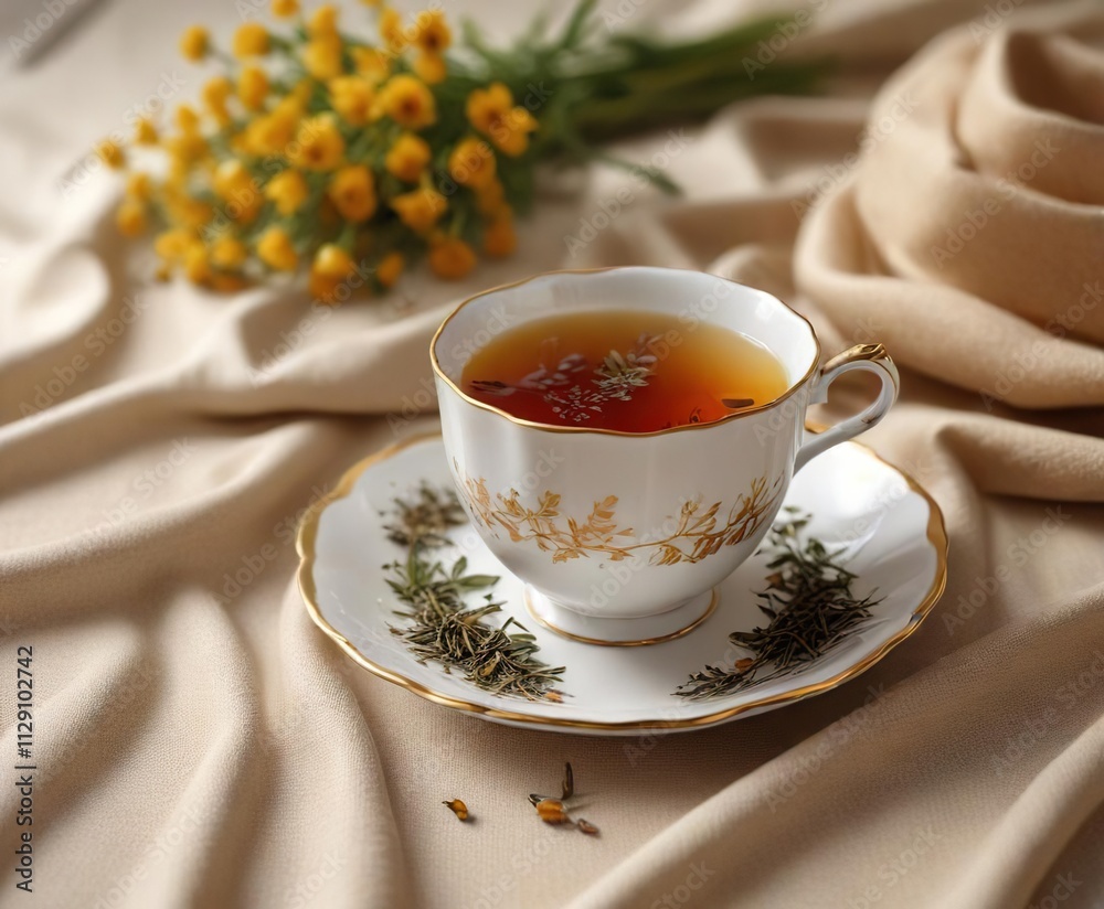 a delicate golden-rimmed teacup filled with fragrant loose tea leaves and warm liquid on a soft linen tablecloth, linen tablecloth, soothing warmth, peaceful atmosphere a delicate golden-rimmed teacup filled with fragrant loose tea leaves and warm liquid on a soft linen tablecloth, linen tablecloth, soothing warmth, peaceful atmosphere