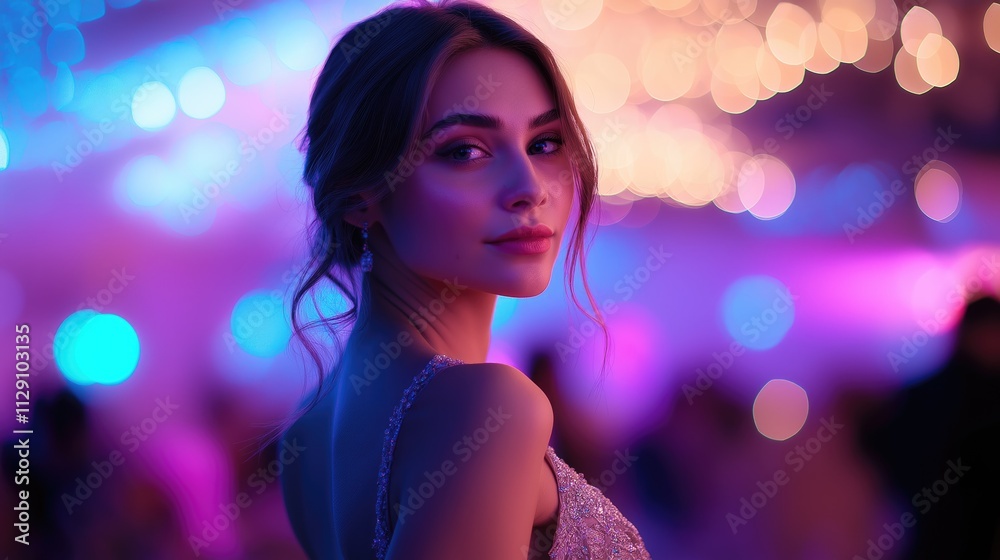 A young woman stands elegantly in a dazzling setting filled with colorful lights, exuding charm and grace during a festive celebration A young woman stands elegantly in a dazzling setting filled with colorful lights, exuding charm and grace during a festive celebration