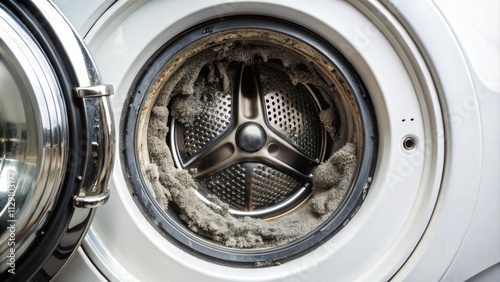 The dirty interior of a washing machine with a visible build-up of lint and debris, a reminder of neglected cleaning