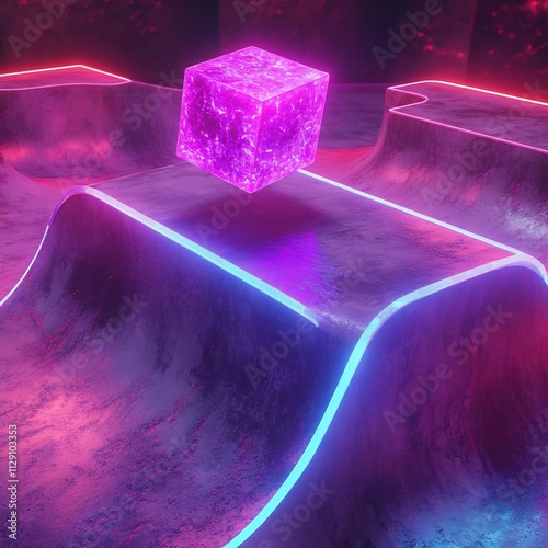 Glowing Neon Cube in Abstract Digital Landscape