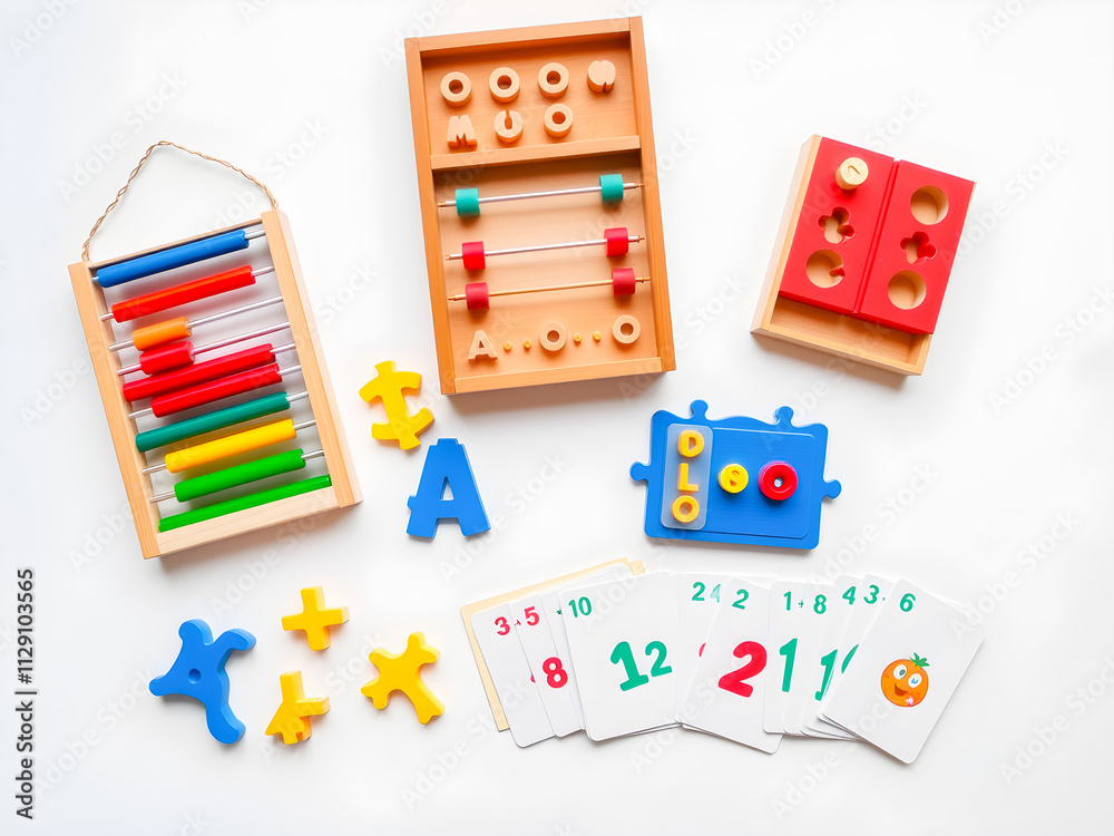Obraz premium Educational toys for children on a white background. Flat lay.