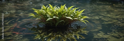 Alternanthera sessilis plant thriving in a sunny, shallow pool of water, aquatic plant, water plant photo