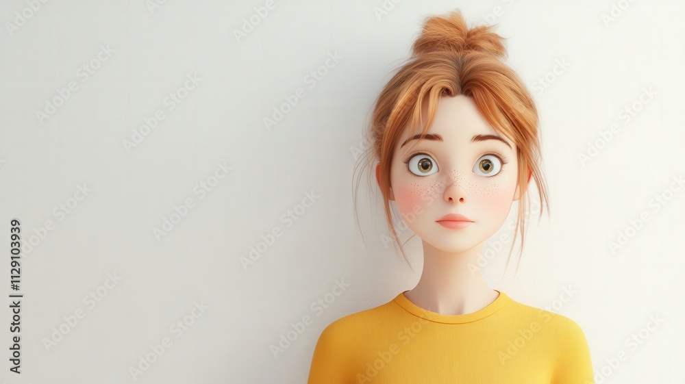 people 3D expressions realistic concept. Digital illustration of a young woman with red hair in a yellow sweater. people 3D expressions realistic concept. Digital illustration of a young woman with red hair in a yellow sweater.