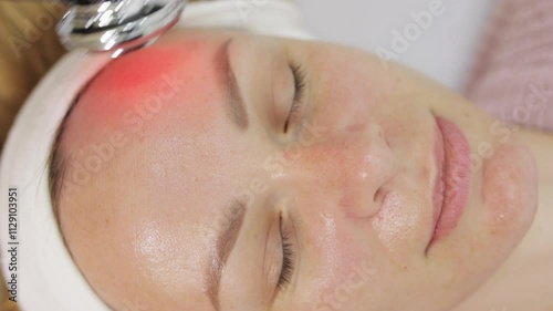 Beautician applying red light therapy device to woman's face while she lies down, promoting skin rejuvenation and relaxation. Beauty Clinic Concept